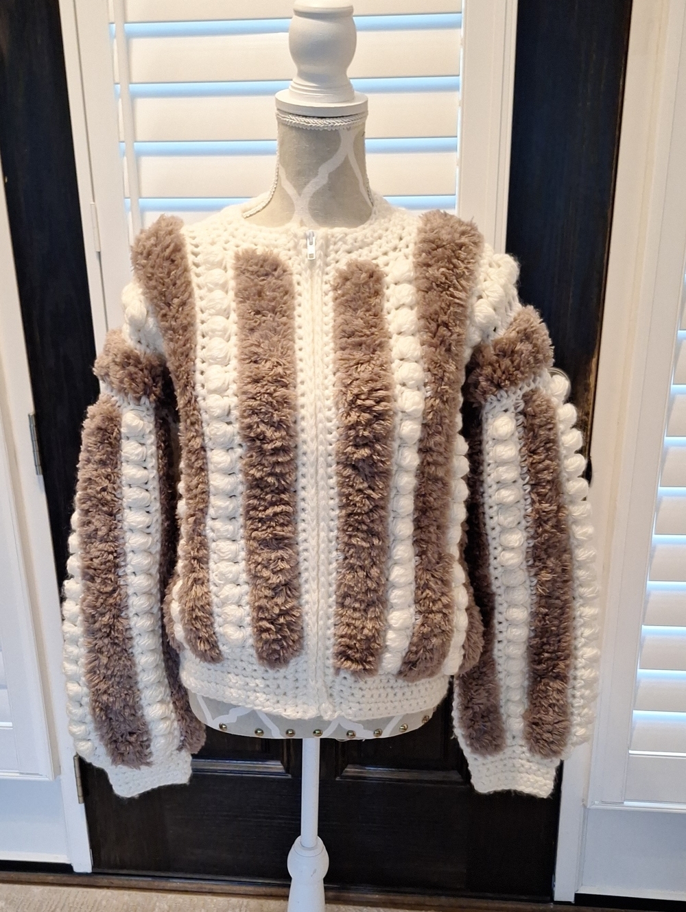 Chorus line. Cream & Taupe Striped Teddy Zip Jacket